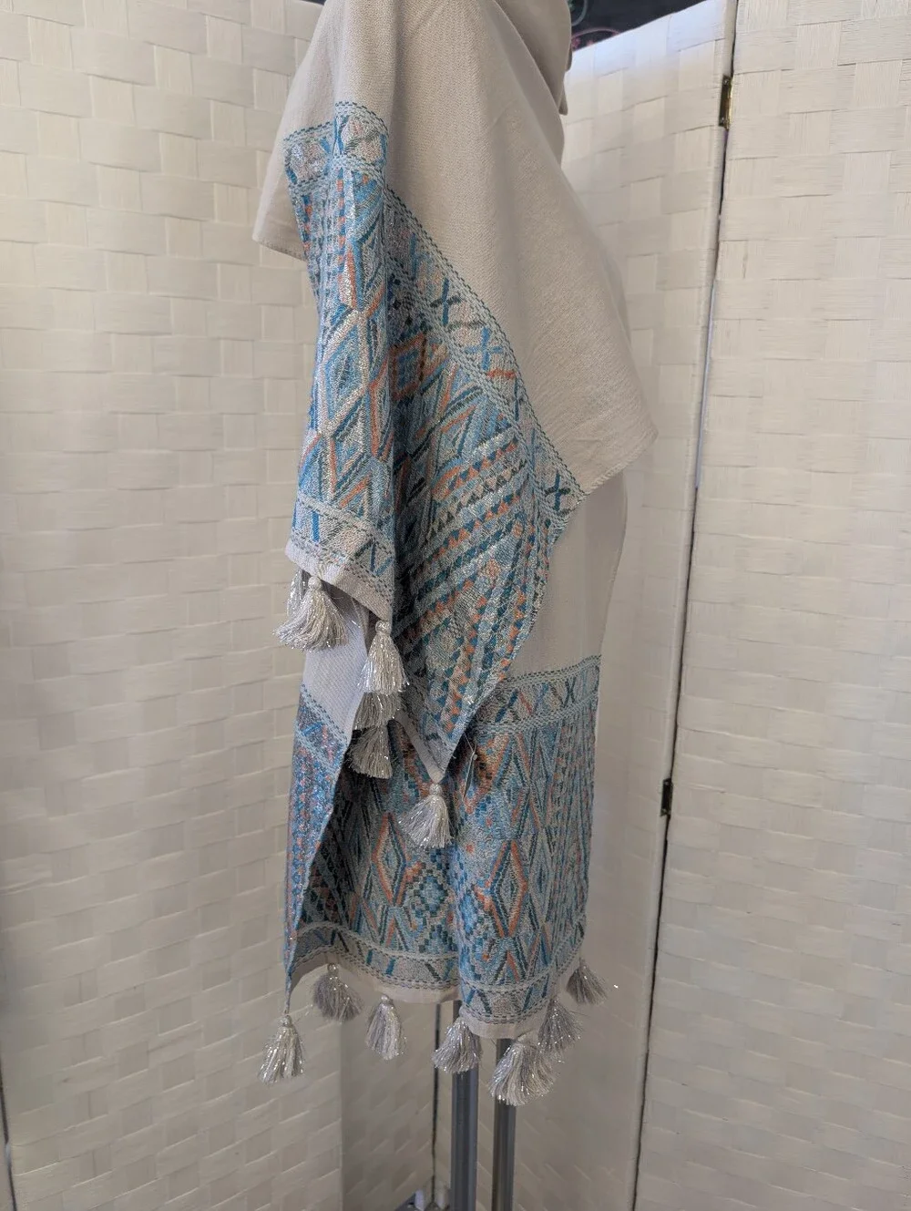 J. Crew Wrap Scarf Bohemian Style  Beige Turquoise Orange Silver Tassel NWT